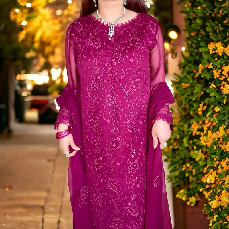 Dark Magenta Pakistani Dress with Shirt, Pant, and Dupatta - Chiffon, Floral Embroidery, and Lace, Perfect for Eid, Parties, and Weddings Traditional