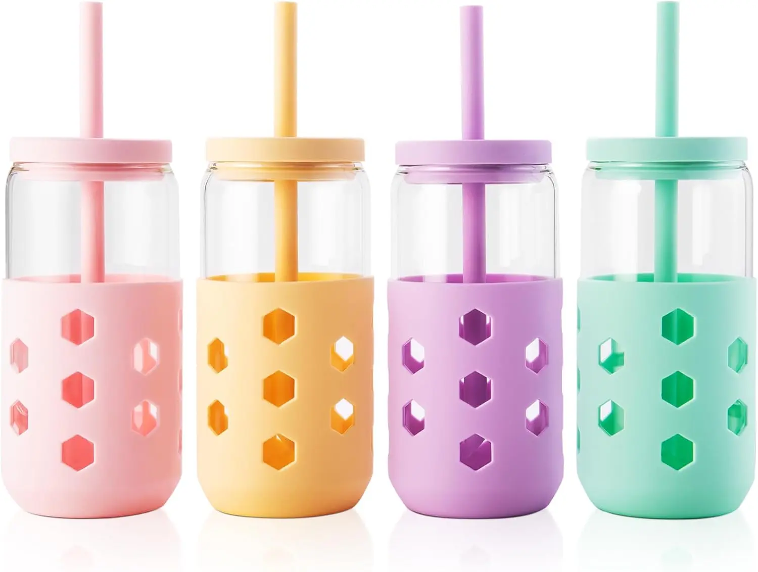 Glass Cups with Lids and Straws (4 Pcs), 16oz Drinking Glasses Set with Silicone Sleeves for Coffee Bar Accessories Iced Coffee Cups with Lids, Glass Tumbler Reusable for GiftsGift.