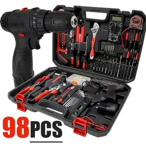 Red electric drill set, contains 128 pieces, includes a battery and a charger, ideal for home repairs, car maintenance, and workshop tasks - comes with a compact storage case