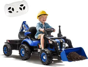 24V Kids Electric Ride-On Excavator for Kids Outdoor Play, 4-in-1 Construction Attachments (Excavator, Dump Truck, Bulldozer), Remote Control, Swivel Seat, Ride-On Tractor (Blue)