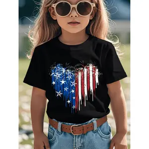 Girls' American Flag Fireworks Stars Drip Design Memorial Day 250th America Anniversary Shirt Short Sleeve T-Shirt - Cute Cartoon Print, Stretchy Breathable Fabric, Vibrant Black & White Casual Summer Top