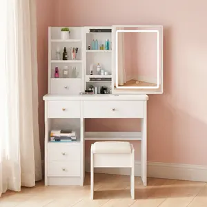 Vanity Desk with LED Mirror and Lights, White MakeupVanity Table with Drawers, Stool, Dressing Table with OpenStorage Shelves for Bedroom, Dressing Room