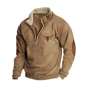 Men's Western Fleece Jacket Cowboy Bull Head Print Pullover 1/4 Zip Stand Collar Long Sleeve Sweatshirts Casual Menswear Soft Stylish Hoodie