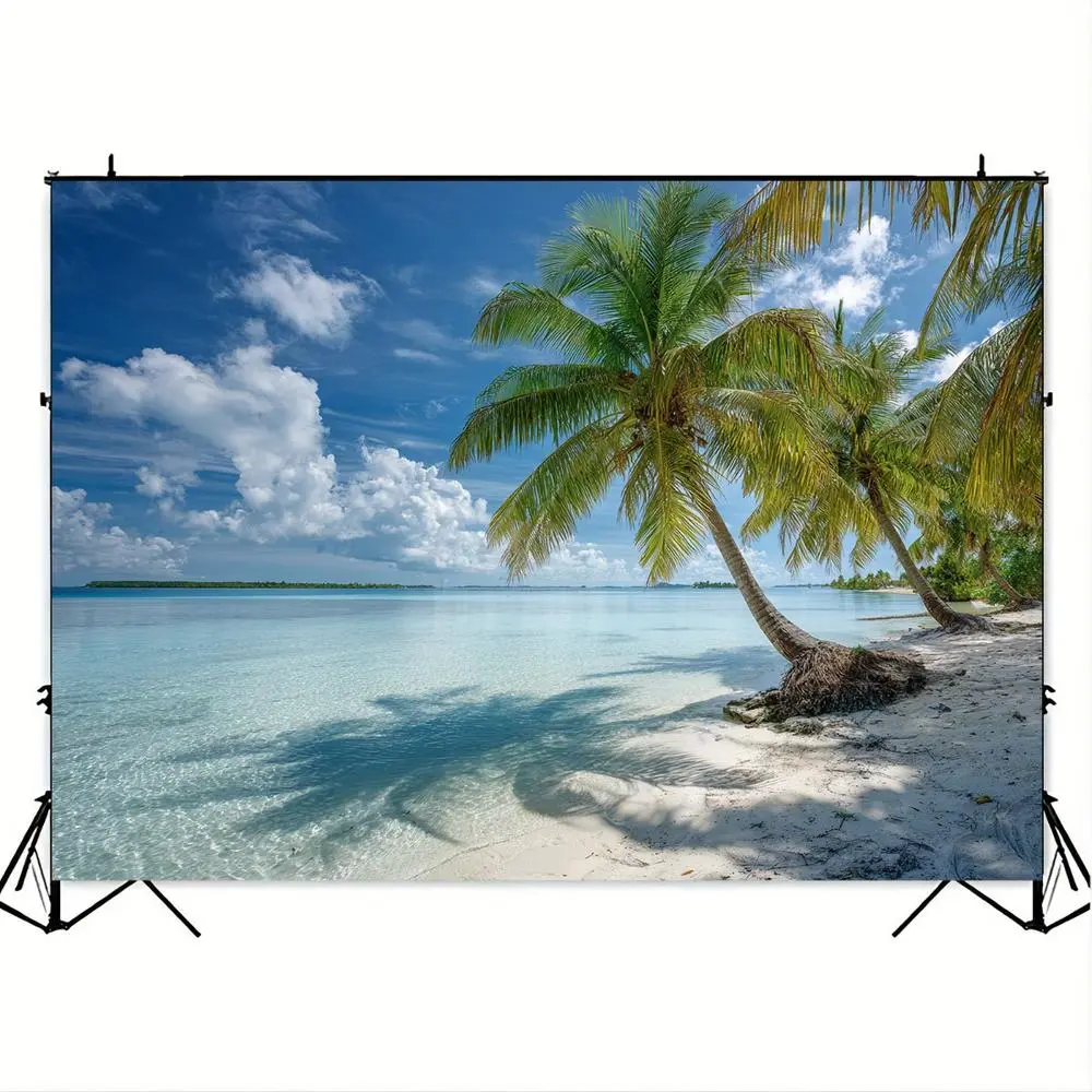 2D Flat Polyester Fabric Photography Backdrop Banner - HD Digitally Printed Tropical Beach Palm Tree Ocean Scene, Soft Lightweight Foldable Cloth for Summer Event Decor, Indoor Studio Portraits