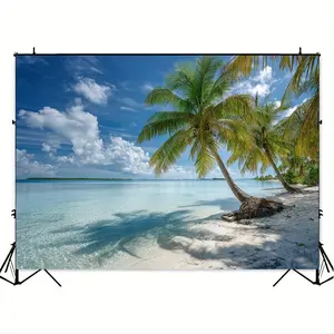 2D Flat Polyester Photography Backdrop Banner - HD Digitally Printed Tropical Beach Palm Tree Ocean Scene, Soft Lightweight Folding Cloth for Summer Party, Studio Portraits