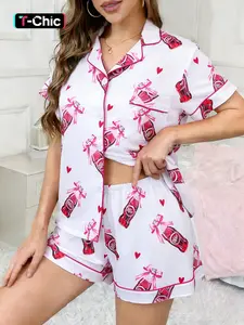 2-piece Valentine's Day women's white background full of red love bow beverage glass bottle print pattern short sleeved shorts soft and comfortable top with small pockets and collar design elastic waistband casual pajamas