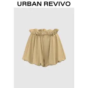 URBAN REVIVO Ruffle Balloon Shorts (UWG650058) - Women's & Girls' Elegant Frilly Bottoms Clothes, Cold-Wash, Ruffled Hem, Comfortable Balloon Cut, Flared Silhouette, 2025 Everyday Wear Outfits Inspo