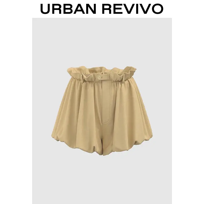 URBAN REVIVO Lady's Balloon Shorts with Ruffled Detail, Casual High-Waisted Flare Cut for Everyday Wear, Do Not Dry Clean