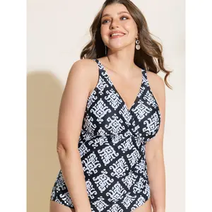 BLOOMCHIC Plus Size Geometric Print Waist-Tie One-Piece Swim [M-6X]2026 Summer Vibes Swimweek,Spotlight,Summer wins,Deals for you days