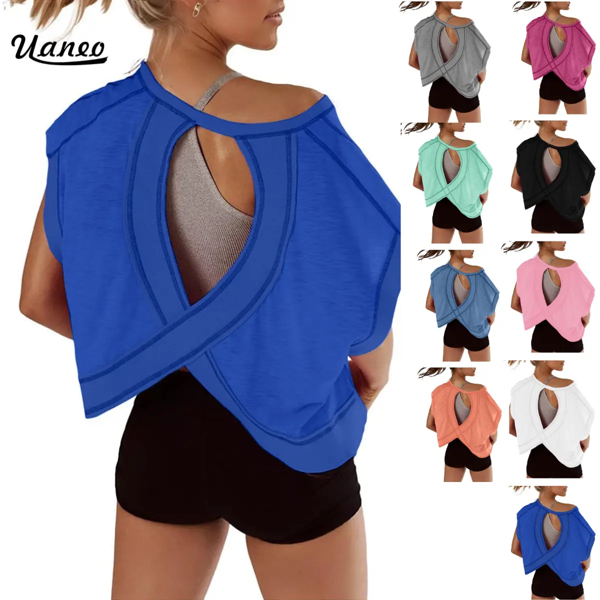 UANEO Women's Open Back Y2K Oversized Short Sleeve Slouchy Crop Running Teees, Breathable Sportswear Top,Women's Clothes for Yoga, Gym,Beachoutfits，