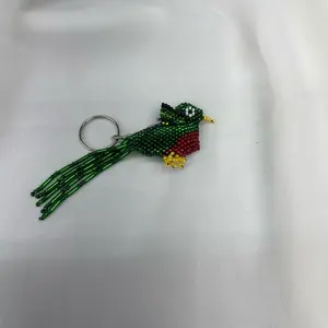 Handcrafted Beaded Bird Keychain - Green & Red Beads with Gold Accents - Unique Ornament for Bags and Keys