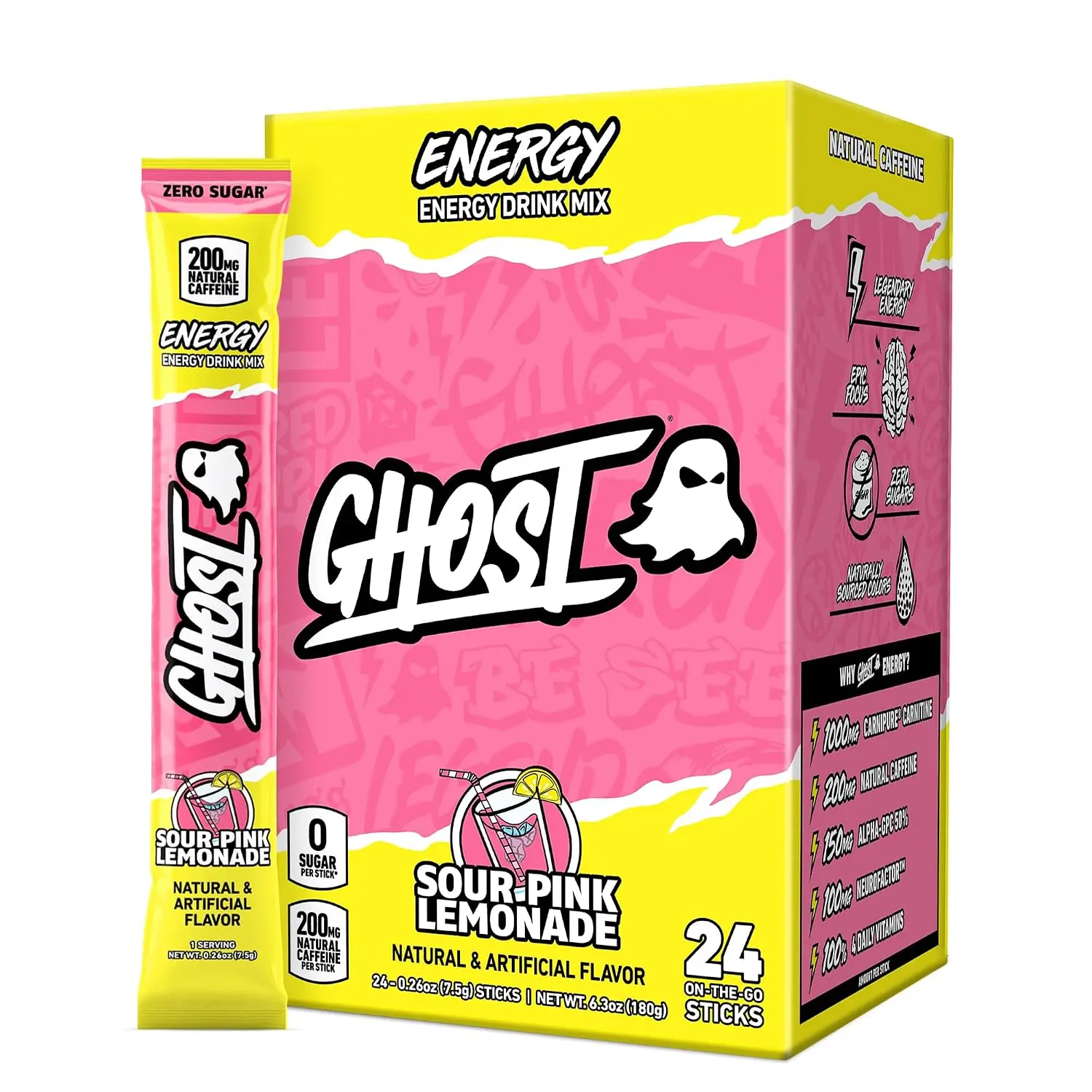 GHOST Sugar-Free Energy Drink Mix Packets, Pink Lemonade Flavor, 24 Sticks - 200mg Natural Caffeine, 0 Sugars, Daily Vitamins, No Artificial Colors, Pre-Workout Sports Drink Mix