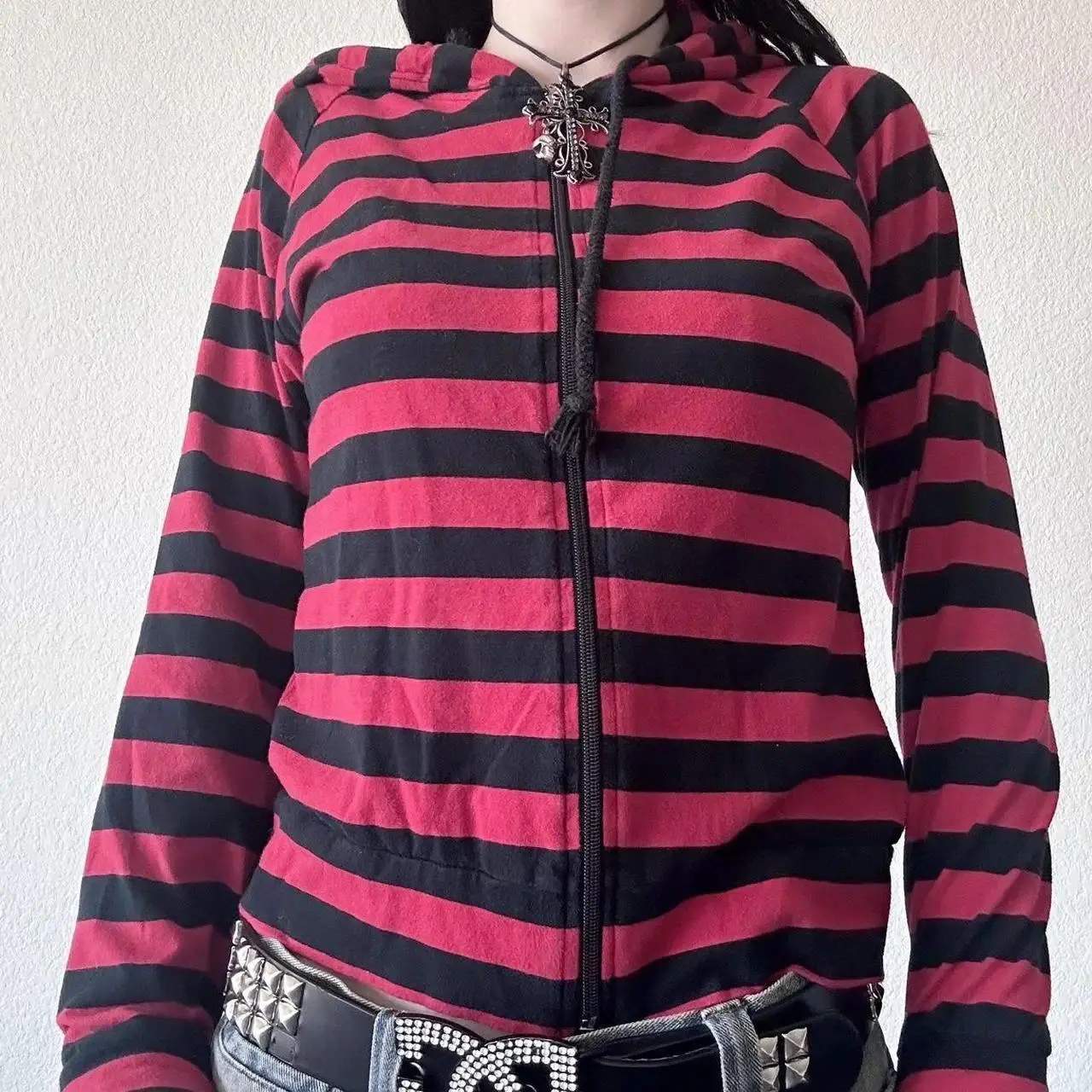 Y2K Striped Zip Up Hoodies Sweatshirts for Women E-girl Gothic Emo Mall Goth Sweatshirts 2000s Retro Harajuku Jackets Streetwear
