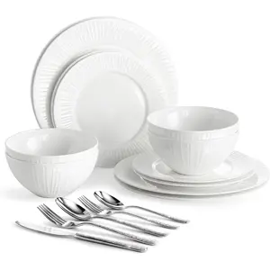 12-   Dinnerware Set with 20- flatware, White Lightweight Porcelain Service for 4, for Family Dining, Restaurants, Gifting,Microwave and Dishwasher Safe