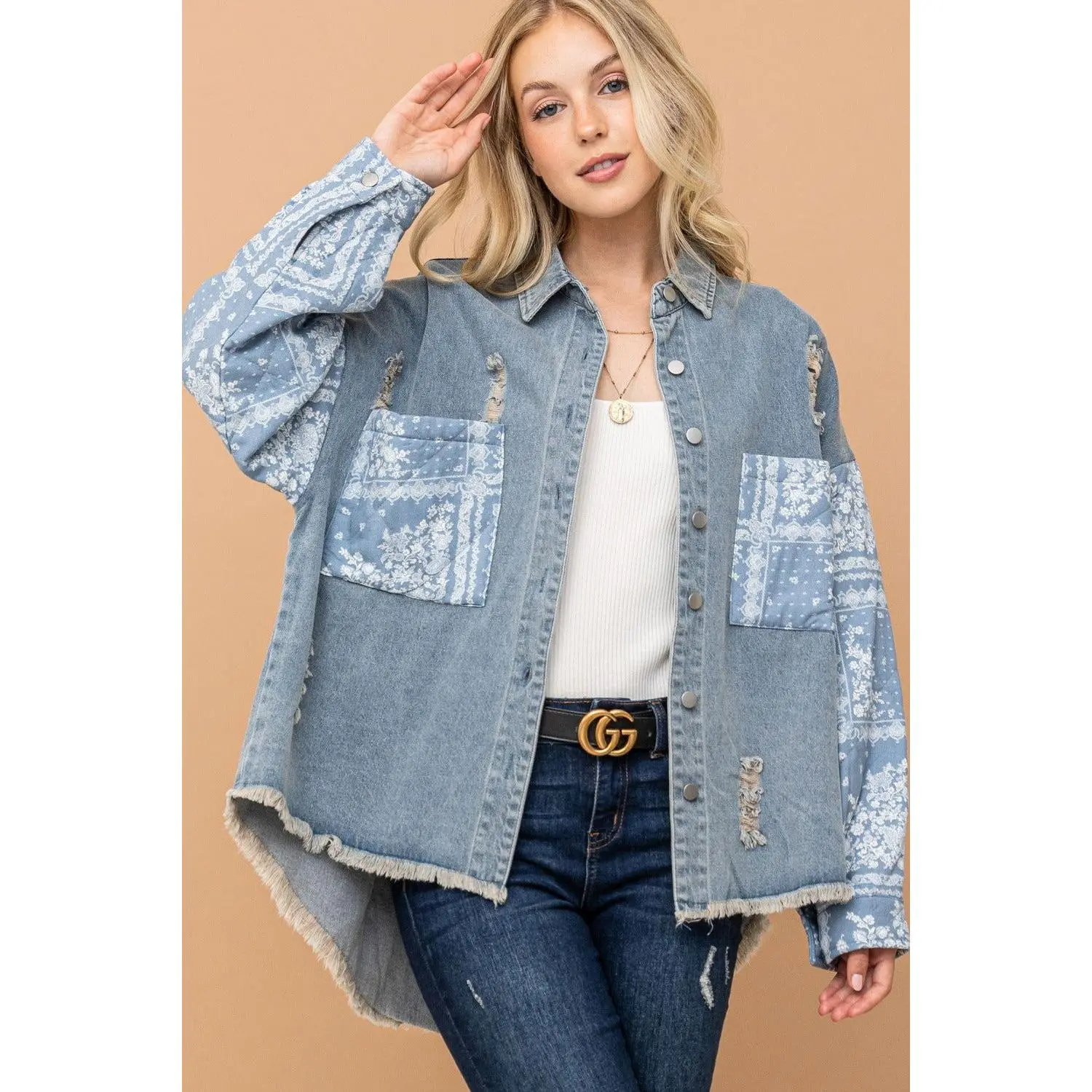 Full Size Paisley Print Quilted Sleeves Denim Jacket