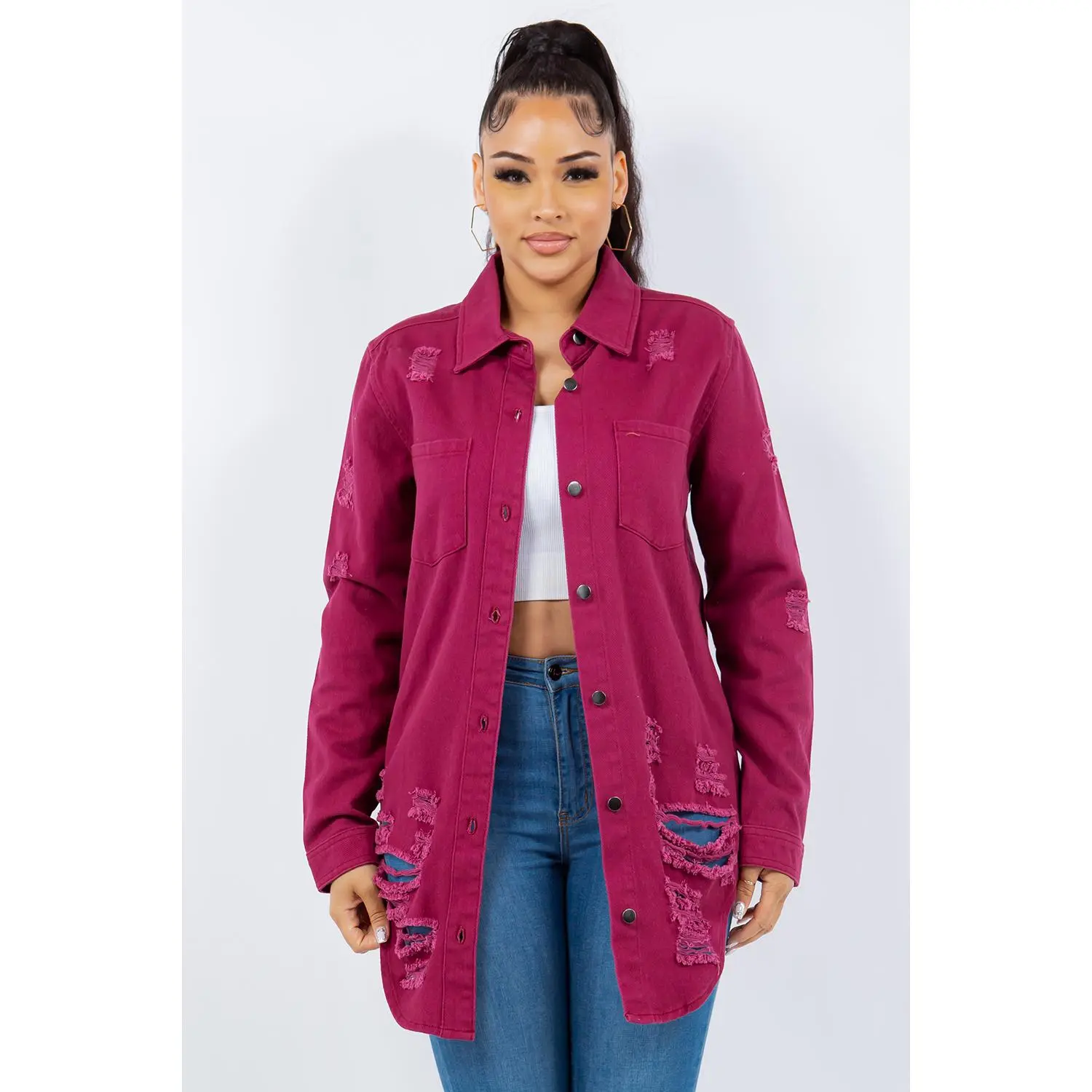 American Bazi Distressed Button Up Long Sleeve Denim Jacket