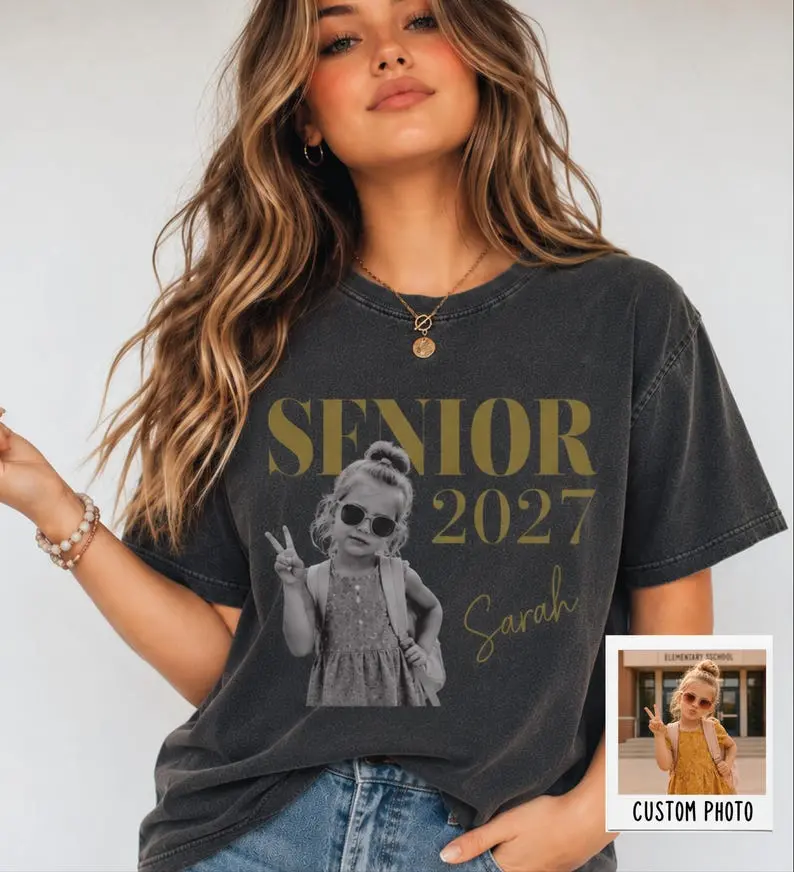Custom Vintage Photo And Year Senior 2027 Shirt, Custom Picture Class of 2027 Graduation Gift, Retro Senior Boy Girl Tee