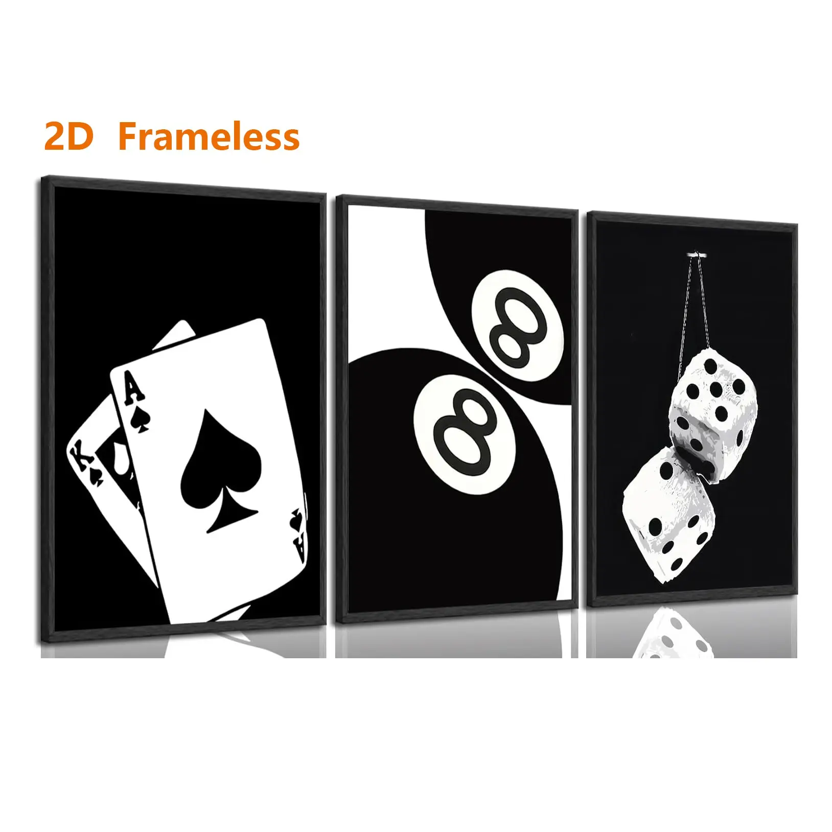 3-piece set, Black-and-white playing card dice canvas wall art Lucky You poster, avant-garde, Y2K style, 8 ball design, artistic print, perfect for game rooms, apartments, and dorms, frameless, Modern, Aesthetic Wall Decor
