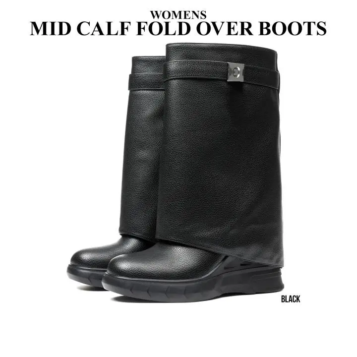 CYNLLIO Fold Over Slouchy Shark Boots for Women Platform Heel Round Toe Side Zipper Mid Calf Booty Wide Calf Pull On Fashion Comfy Boot for Concert Night Party Cosplay Goth Vibe Spring Shoes Deals For You Days