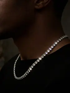 1 piece men's silver glitter rhinestone tennis necklace, hip-hop style imitation crystal necklace, perfect for rap artist looks, essential for streetwear outfits, Rhinestone Decorated Necklace