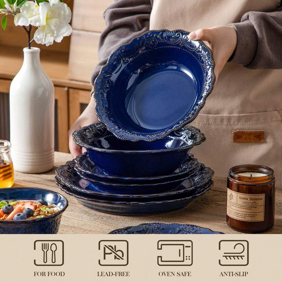 16 Piece Ceramic Dinnerware Sets, Kitchen Dinnerware, Blue Dinnerware With Bas-Relief Around The Edge, For 4 People, Dinner Plate, Dessert Plate, Bowl And Soup Plate