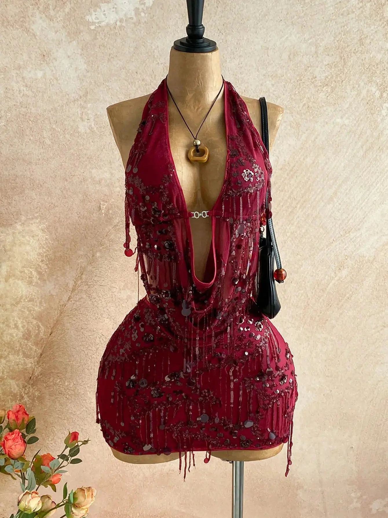 Women's 2pcs Fitted Sequin Fringe Set Drape Neck Cowl Camisole and Mini Skirt Two Piece Outfit for Music Festival Rave Party Club Night Out Sparkle