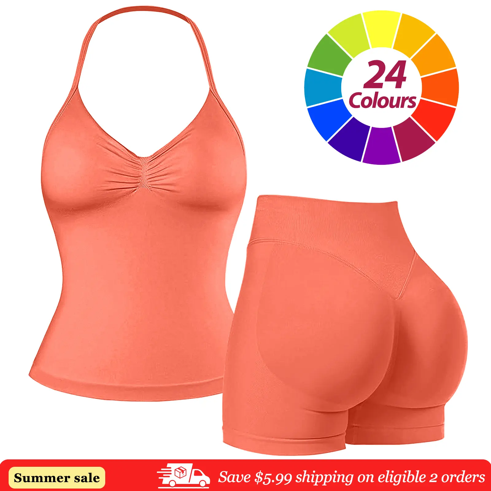 RICH BRIA Women's Slim-Fitting Impact Halter Tank Top & High Waist Shorts 2-Piece Gym Workout Set, Breathable Comfortable Women's Clothes for Yoga & Fitness Summer Activewear