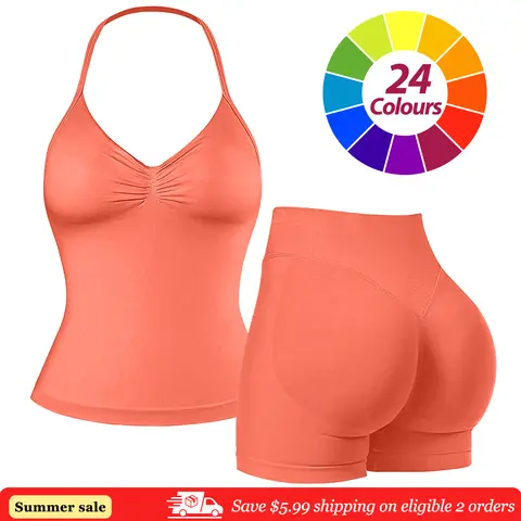 RICH BRIA Women's Slim-Fitting Impact Halter Tank Top & High Waist Shorts 2-Piece Gym Workout Set, Breathable Comfortable Women's Clothes for Yoga & Fitness Summer Activewear
