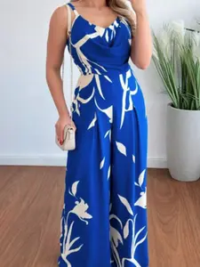 Women's Summer Fashion Print Strapless Backless Waist Cinching Wide-Leg Jumpsuit, European & American Style Casual, Floral Print Jumpsuit