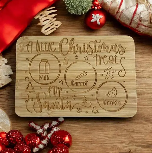 Santa Mini Tray Board Christmas Eve Milk & Cookies Tray Engraved Bamboo Cutting Board for Kids Cookie, Milk and Carrot Plate