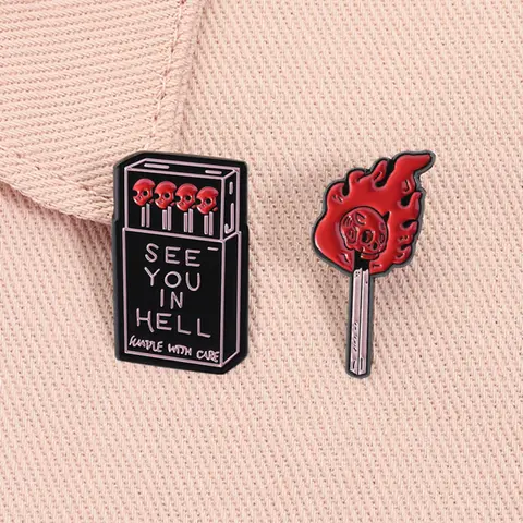 Skeleton Match See You In Hell Enamel Alloy Pins Fire Skull Halloween Punk Metal Brooch Pin Clip Lapel Backpack Badge Fashion Jewelry Accessories Gift for Friends Durable Metal Pins Men Accessories