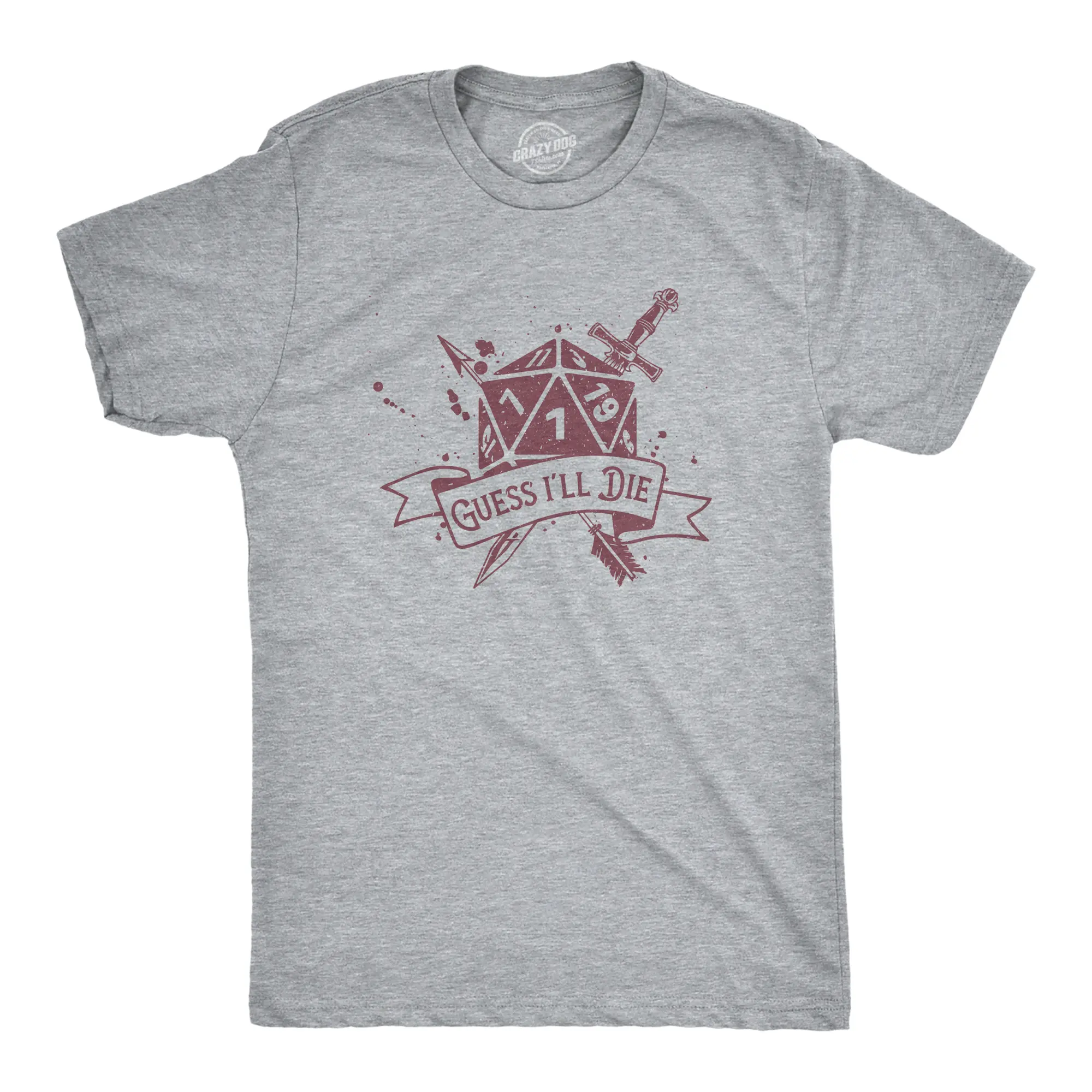 Mens Guess Ill Die T Shirt Funny Dungeon Gaming Dice Natural One D20 Joke Tee for Guys Mens Funny T Shirts Cool Vintage Fashion T-Shirt Gift Classic Menswear Funny Sarcastic Short Sleeve Novelty Tees for Guys Light Grey