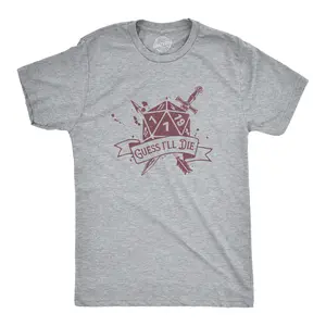 Mens Guess Ill Die T Shirt Funny Dungeon Gaming Dice Natural One D20 Joke Tee for Guys Mens Funny T Shirts Cool Vintage Fashion T-Shirt Gift Classic Menswear Funny Sarcastic Short Sleeve Novelty Tees for Guys Light Grey