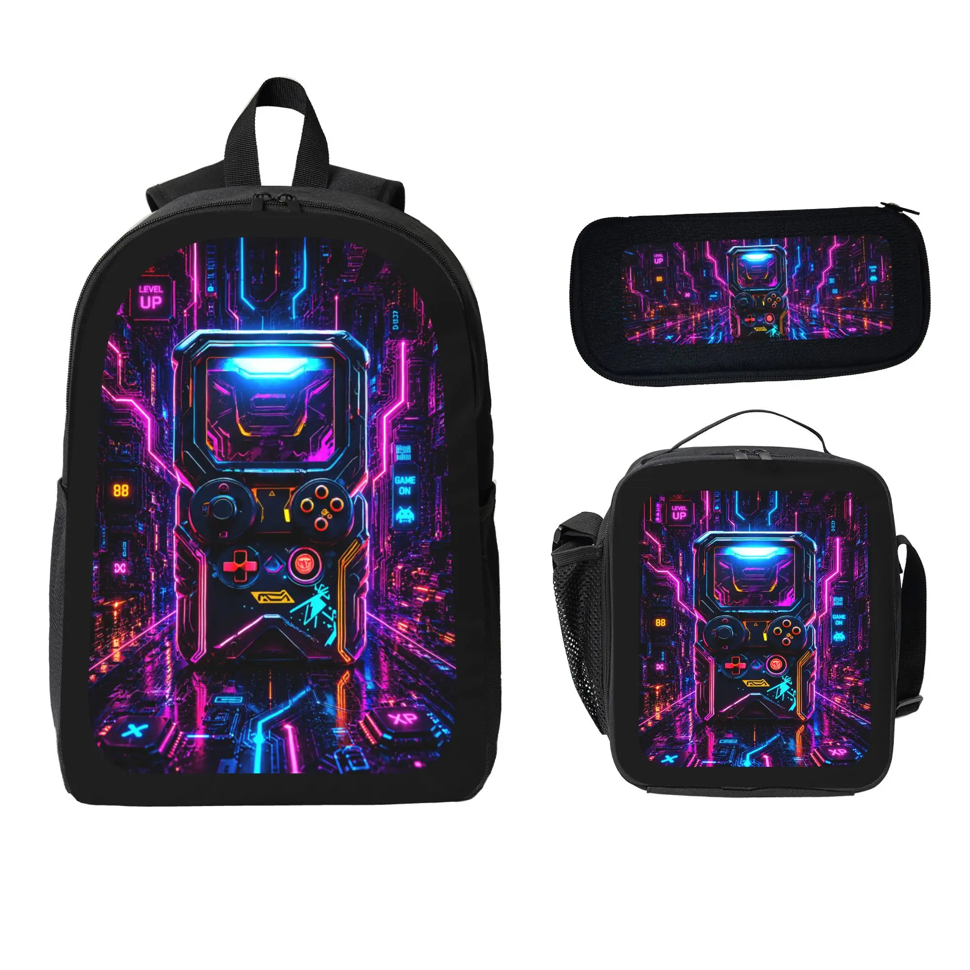 Neon Cyberpunk Game Controller Backpack Set 3 in 1, Gaming Backpack with Lunch Box Pencil Case, Cool Video Gamer Laptop Backpack School Bag Set For Boys Teens Kids