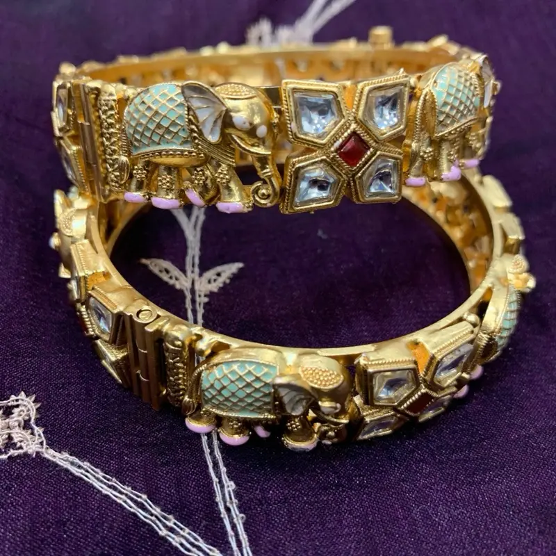 Kendyl Elephant and Kundan Openable Gold Bangle with Gemstone Accents Hand Painted Elephant Design Casual Versatile Fit Women's Bracelet