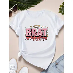 BRAT Women's Plus Size Knitting Fabric Geometric Short-Sleeve Casual T-Shirt, Customizable Tops for Women