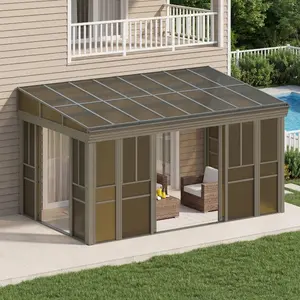 10x12FT Wall Mounted Sunroom Kit with Lockable Sliding Doors, Adjustable Polycarbonate Windows, Outdoor Solarium for Patio, Garden & Deck, Gray/Brown