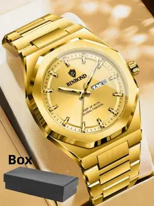1PC Gold Men's Watch, Luxury Dress Watch, Business Fashion Watches, Luminous Hands And Scales, Round Dial Watch, SUS304 Stainless Steel, Quartz Watch, Luxurious Men's Business Watch, Gift For Friends Or Family, For Daily Life/Work/Party Decoration