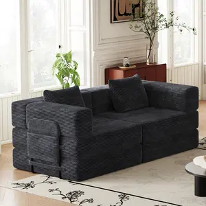 Eyisean 72" Corduroy Convertible Sofa Bed with Side Pockets, 4-in-1 Comfy Boneless Loveseat with Throw Pillows, Futon Floor Mattress with Fixed Frame for Living Room/Bedroom,No Assembly Required