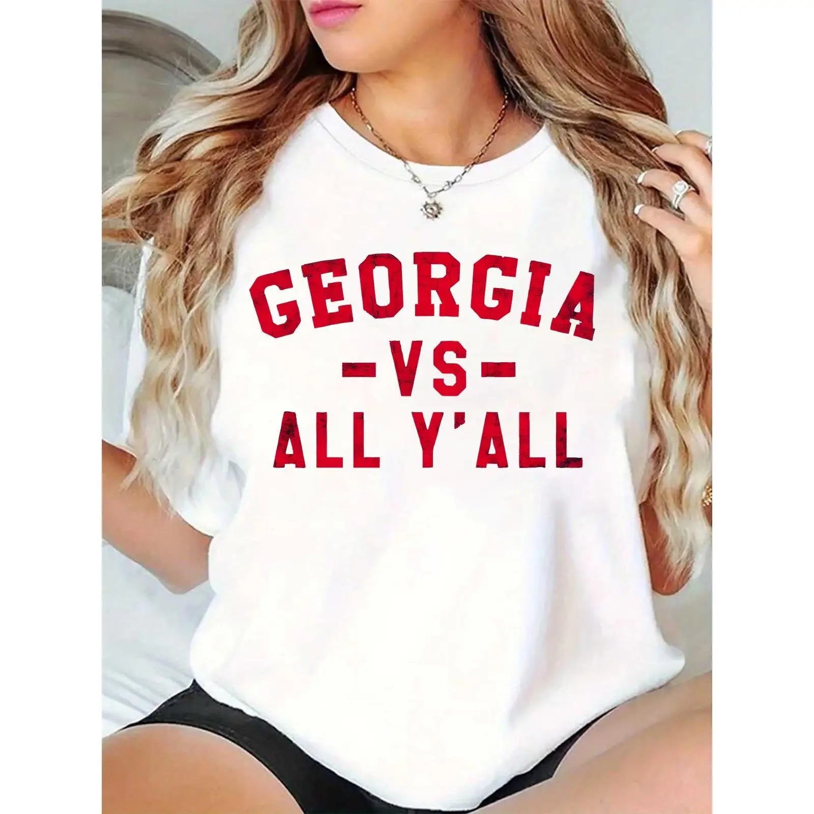 [Graphic Tee]Women’s White Georgia -VS- All Y’all Graphic T-Shirt – Georgia Bulldogs Game Day, Casual Wear, Red Collegiate Text, Perfect for Georgia Fans