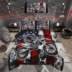 Kids Boys Dirt Bike Bedding Set ,American Flag Comforter Set,Motorcycle Motocross Rider Comforter,White Red Stripes Stars Print Bed Set for Boys Room Decor