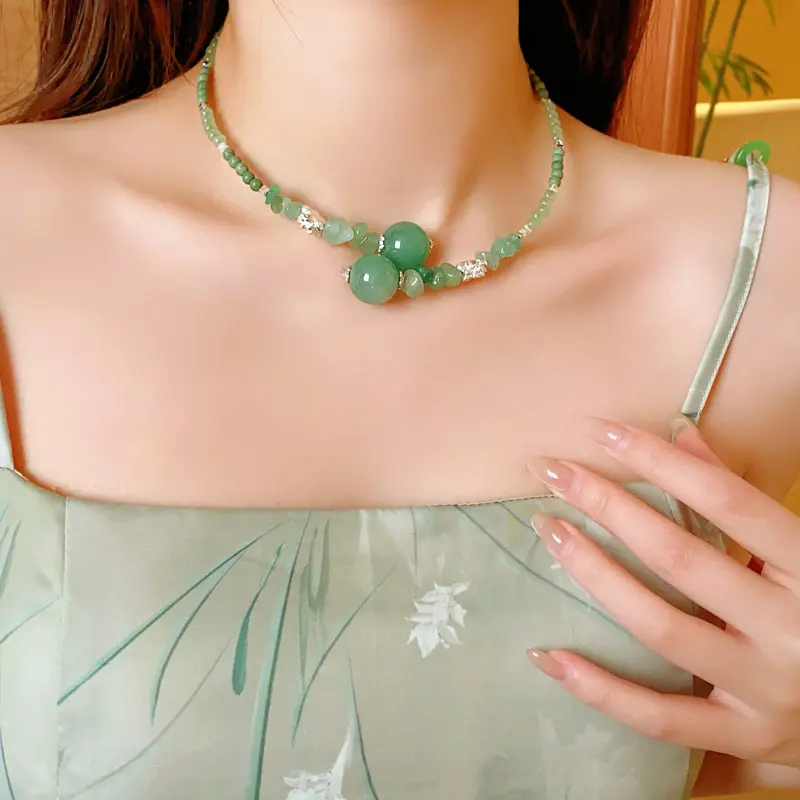 New Chinese Style Jade Beaded Choker for Women, Crystal Lotus Statement Necklace for Boho Dresses and Casual Wear, Beading, Statement Pieces, Females