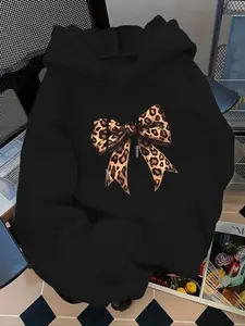 Women's Fashion Leopard Bow Print Kangaroo Pocket Hoodie, Casual Long Sleeve Sweatshirt for Fall & Winter, Daily Wear