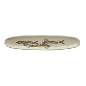 Stoneware Cracker/Olive Dish w/ Wax Relief Sardines, Multi Color ©