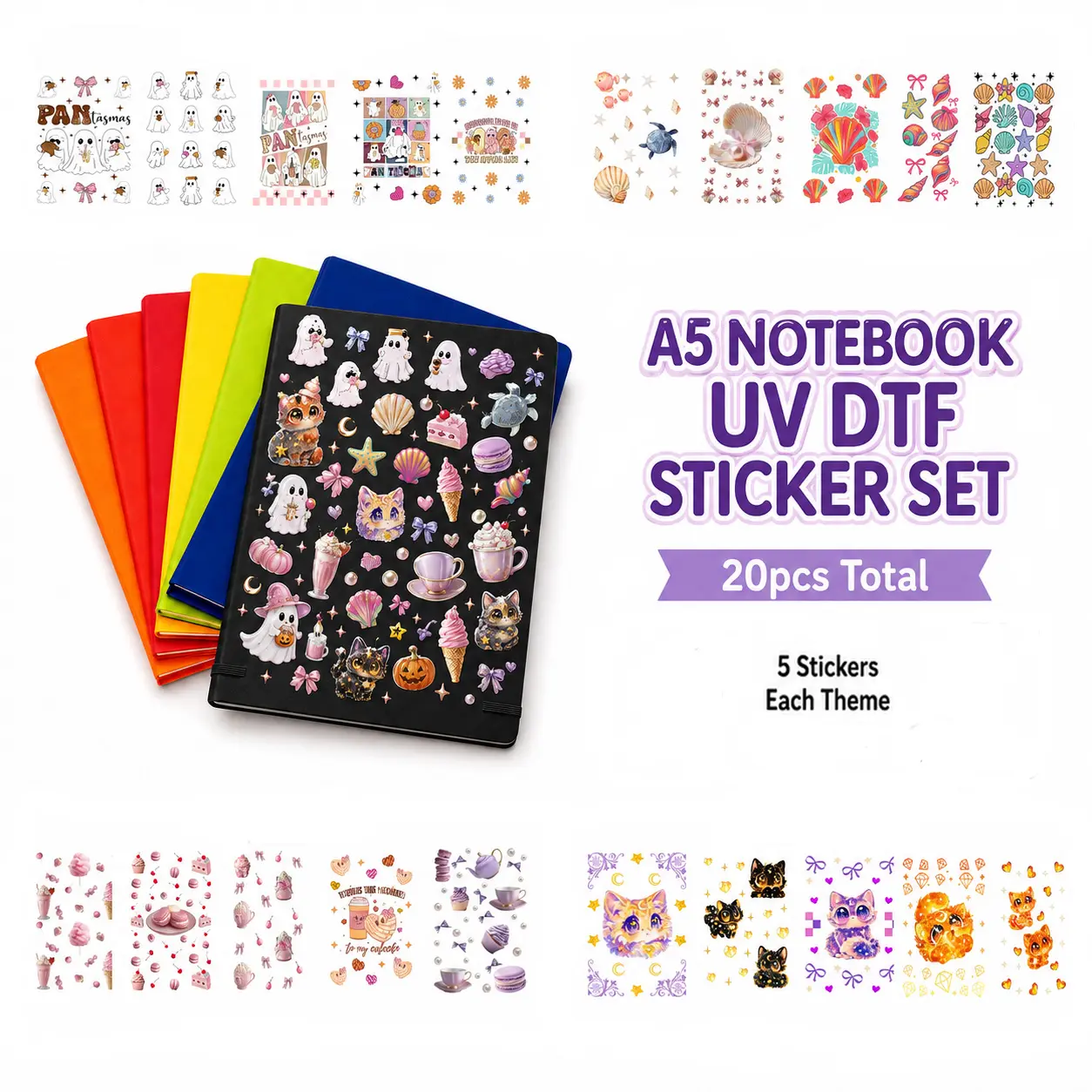 20pcs Cute A5 UV DTF Stickers, Scrapbooking & Stamping Supplies with 4 Themes: Halloween, Ocean, Sweet Desserts, Dream Pets - Bows, Hearts Included for Junk Journal, Planner DIY Decoration, Journaling