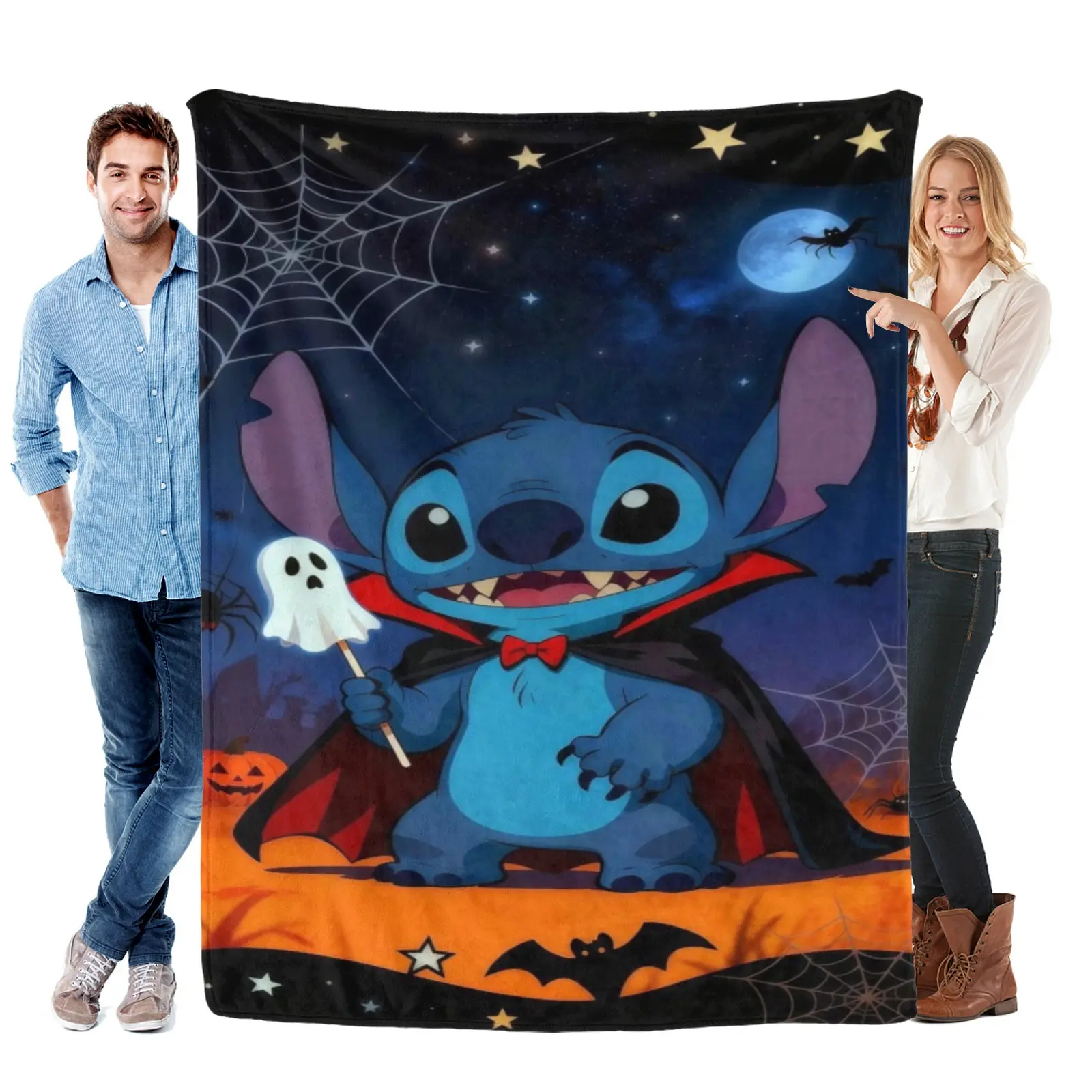 Disney Vampire Stitch Bat & Pumpkin Halloween Flannel Blanket, Foldable Spooky Throw For Travel & Movie Night