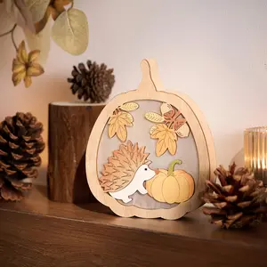 Harvest Festival Wooden Pumpkin Hedgehog LED Light Desktop Ornament