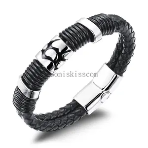 Vintage Stainless Steel Totem Black Braided Leather Bracelet Cuff Wristband