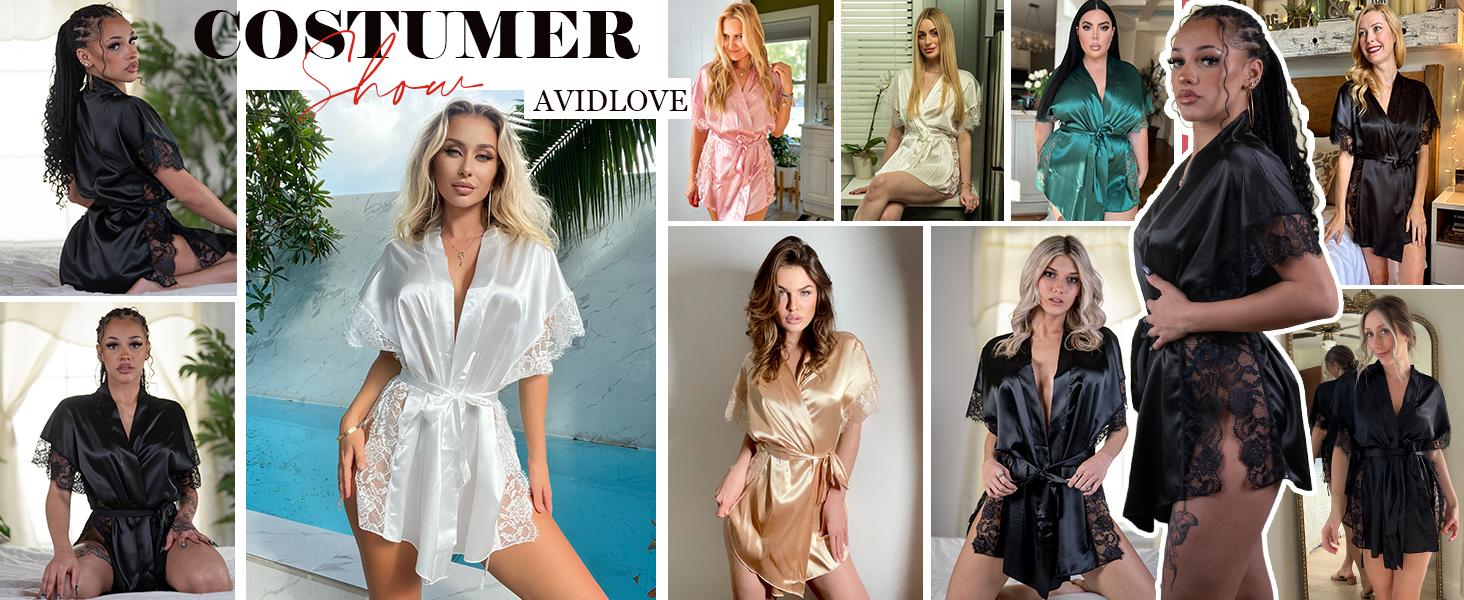 Avidlove Women Lingerie Robe Satin Sleepwear Eyelash Lace Kimono Side Split Sexy Silk Robes