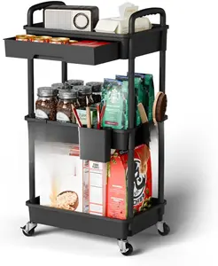 3 Tier Rolling Cart Organizer,Laundry Room Bathroom Organizers and Storage Office Shelves Mobile Shelving Unit Kitchen Trolley Cart with Wheels for Art,Craft,Diaper,Bedside,Snack(Black) Racks Rubber